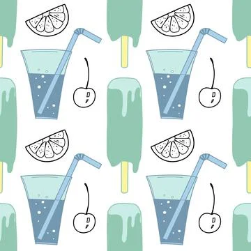 Seamless pattern color and contour drawings of of summer sweets イラスト素材