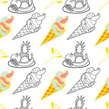 Seamless pattern color and contour drawings of of summer sweets 스톡 일러스트