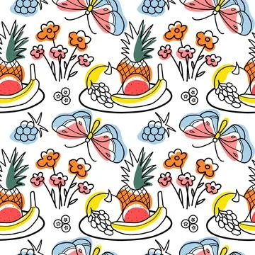 Seamless pattern color and contour drawings of of summer sweets Stock Illustration