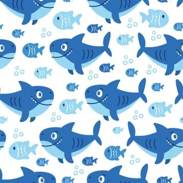 Seamless pattern on a color background with sea animals of the deep fish shark Stock Illustration