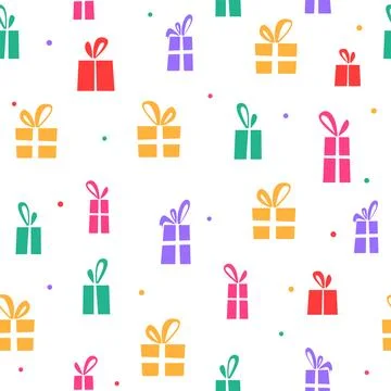 Seamless pattern with color birthday gift boxes and ribbons on white backgr.. Stock Illustration