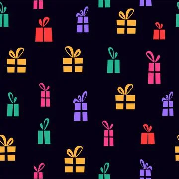 Seamless pattern with color birthday gift boxes on dark background. Happy h.. Stock Illustration
