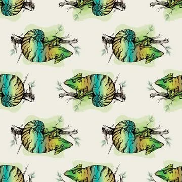Seamless pattern Color calligraphic ink silhouette of a chameleon on a backgr Stock Illustration