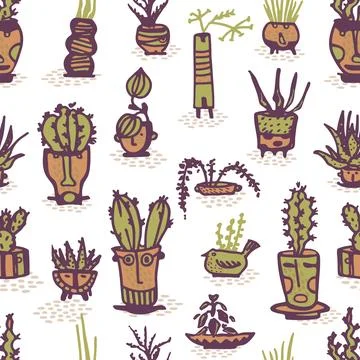 Seamless pattern Color Ceramic pots with cactus comic faces 스톡 일러스트