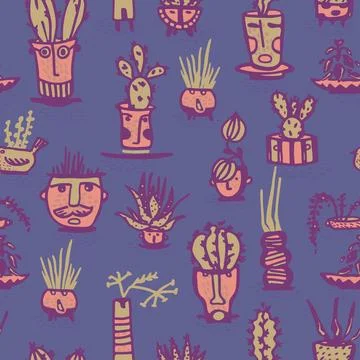 Seamless pattern Color Ceramic pots with cactus comic faces Stock Illustration