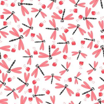 Seamless pattern with color dragonfly and flowers on white background. Romantic Illustrazione stock