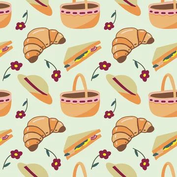 Seamless pattern color drawings of picnic elements Stock Illustration