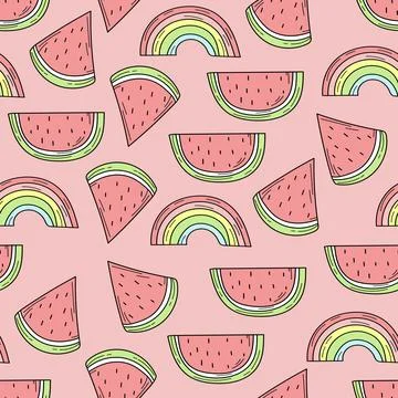 Seamless pattern of color hand drawn watermelons and rainbows for design Stock Illustration