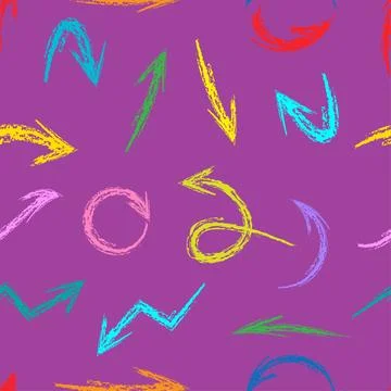 Seamless pattern with color hand-drawn arrows on purple background. Stock Illustration