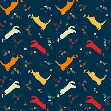 Seamless pattern with color silhouettes of cats. Active cats jump, catch. Illustrazione stock