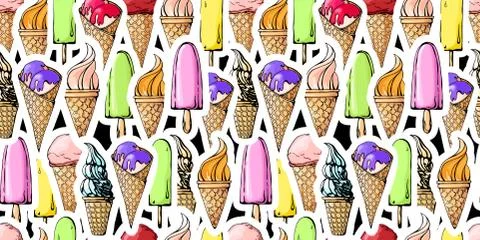 Seamless pattern with color sketch of ice cream. Stock Illustration