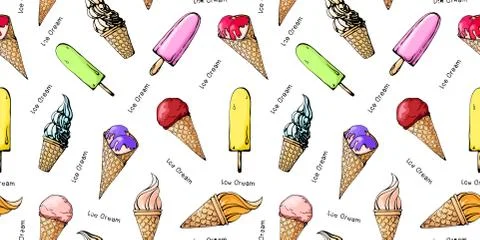 Seamless pattern with color sketch of ice cream. Stock Illustration
