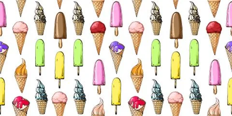 Seamless pattern with color sketch of ice cream. Stock Illustration