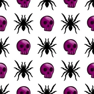 Seamless pattern with color skulls and spider Stock Illustration