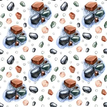 Seamless pattern color stones isolated on white background. Watercolor Stock Illustration