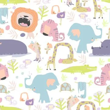 Seamless pattern with color wild animals on white background Illustrazione stock