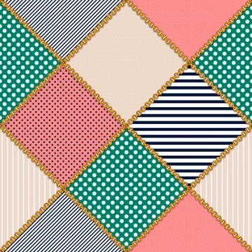 Seamless pattern, colored background, Golden chains with colored diamond shapes. Stock Illustration