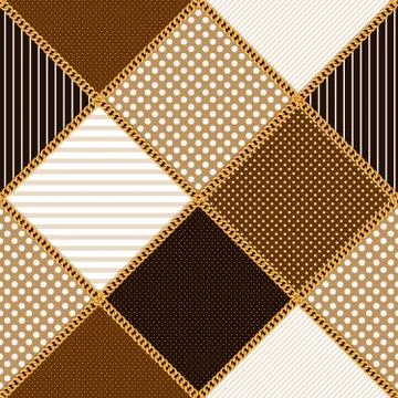 Seamless pattern, colored background, Golden chains with colored diamond shapes. Stock Illustration