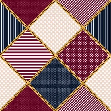 Seamless pattern, colored background, Golden chains with colored diamond shapes. Stock Illustration