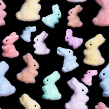 Seamless pattern of colored bunnies isolated on a black background Stock Illustration