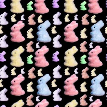 Seamless pattern of colored bunnies isolated on a black background Stock Illustration
