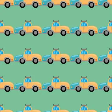 Seamless pattern with colored cars. Vector illustration yelow car. Stock Illustration