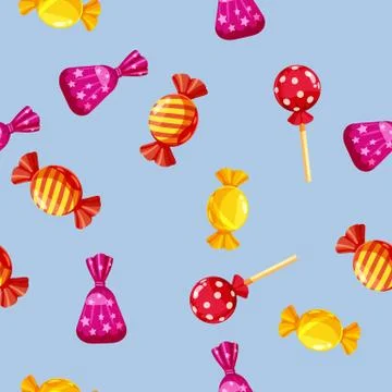 Seamless pattern of colored chocolates in a pack, caramel, chocolate. Cute Illustrazione stock