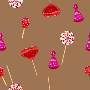 Seamless pattern of colored chocolates in a pack, swirl caramel, chocolate. Cute Stock Illustration