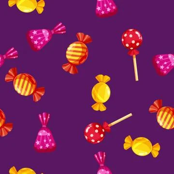 Seamless pattern of colored chocolates in a pack, caramel, chocolate. Cute Stock Illustration