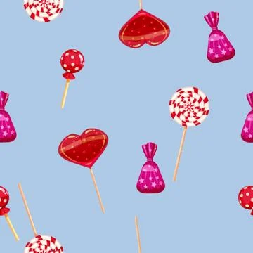 Seamless pattern of colored chocolates in a pack, swirl caramel, chocolate. Cute Stock Illustration