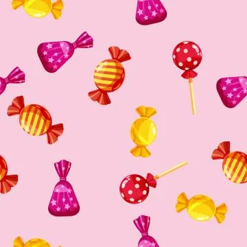 Seamless pattern of colored chocolates in a pack, caramel, chocolate. Cute Illustrazione stock