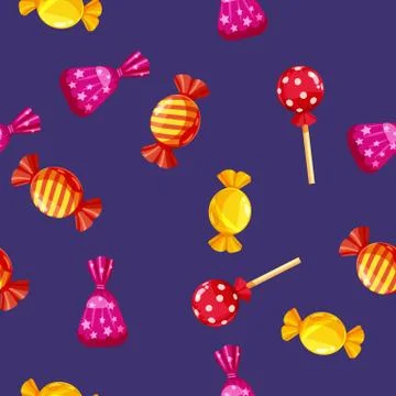 Seamless pattern of colored chocolates in a pack, caramel, chocolate. Cute Stock Illustration