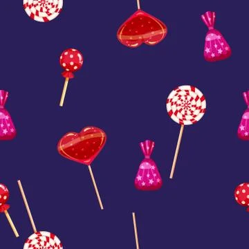 Seamless pattern of colored chocolates in a pack, swirl caramel, chocolate. Cute Stock Illustration