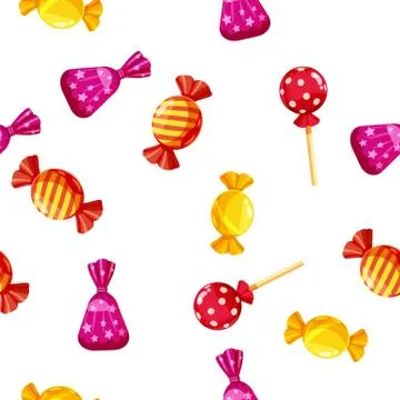 Seamless pattern of colored chocolates in a pack, caramel, chocolate. Cute Stock Illustration