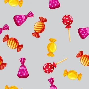 Seamless pattern of colored chocolates in a pack, caramel, chocolate. Cute Stock Illustration