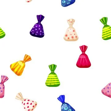 Seamless pattern of colored chocolates in a pack, caramel, chocolate. Cute Stock Illustration