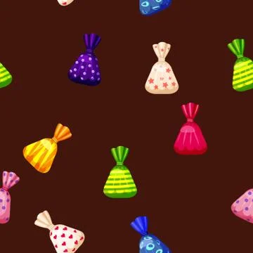 Seamless pattern of colored chocolates in a pack, caramel, chocolate. Cute Stock Illustration