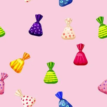Seamless pattern of colored chocolates in a pack, caramel, chocolate. Cute Illustrazione stock