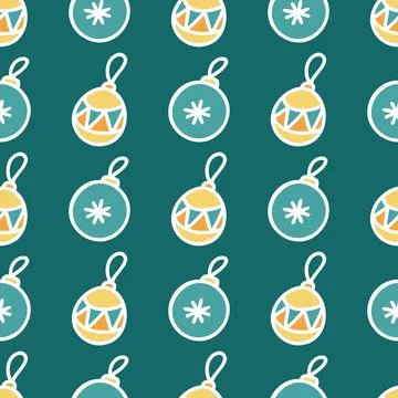 Seamless pattern of colored Christmas toys with white outline Stock Illustration