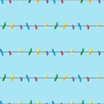 Seamless pattern Colored clothes pins on a clothes line rope on blue backgrou Stock Illustration