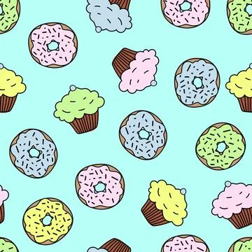 Seamless pattern with colored donuts and cupcakes, hand draw illustration with Illustrazione stock