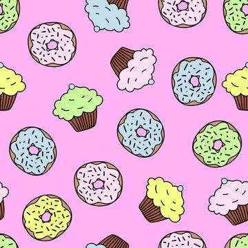 Seamless pattern with colored donuts and cupcakes, hand draw illustration Stock Illustration