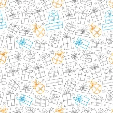 Seamless pattern with colored doodle gift boxes on white background. Can be u 스톡 일러스트