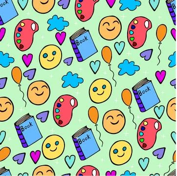 Seamless pattern with colored doodles on a green background Stock Illustration
