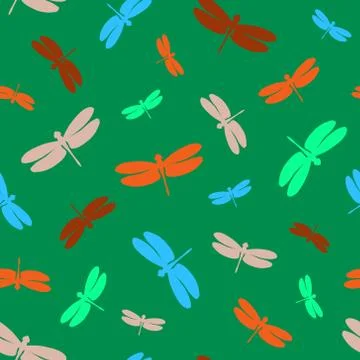 Seamless pattern with colored dragonflies. Colorful elements on a green Stock-Illustration