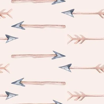 Seamless pattern of colored feathers and romantic arrows painted with Stock Illustration