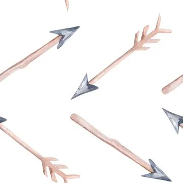 Seamless pattern of colored feathers and romantic arrows painted with Stock Illustration