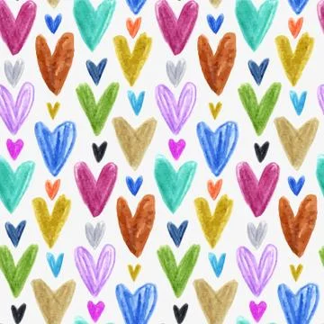 Seamless pattern with colored hand drawn hearts. White backdrop. Stock Illustration
