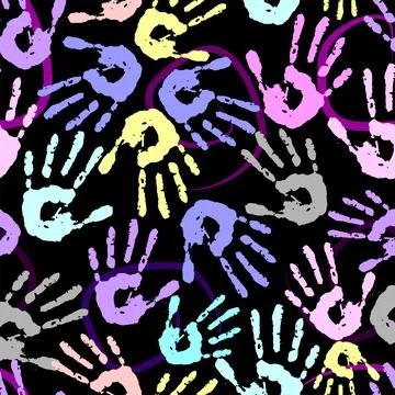 Seamless pattern of colored handprints on a black background, repetitive Stock Illustration