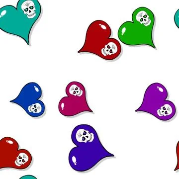 Seamless pattern with colored hearts and skulls on white 스톡 일러스트